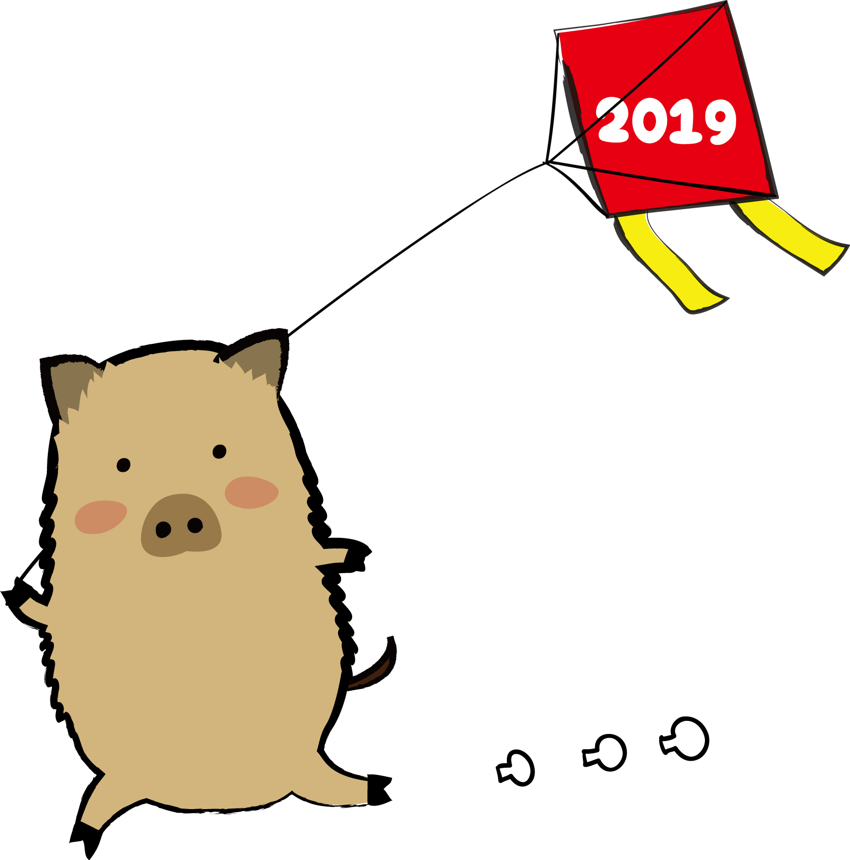 年賀状2019イラスト素材 亥 い 凧をあげるイノシシ4ダウンロード かわいい無料イラスト 年賀素材館